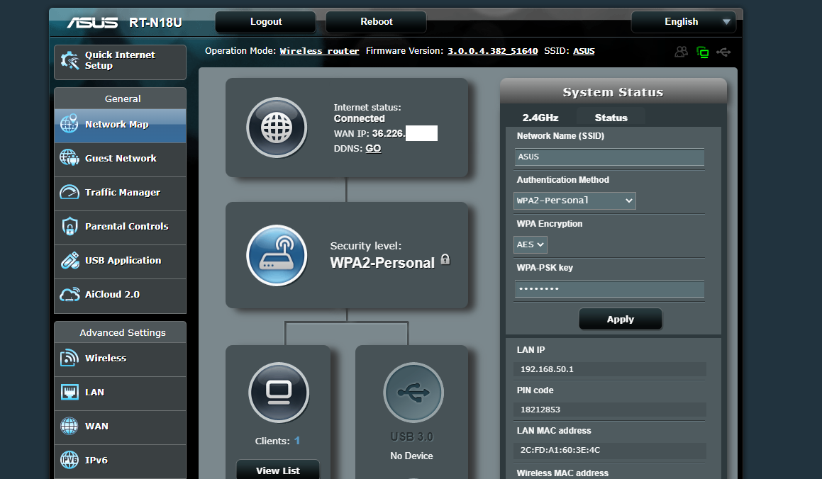 ASUS router settings page